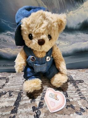 Plush Tan Bear in Blue Denim Overalls and Cap